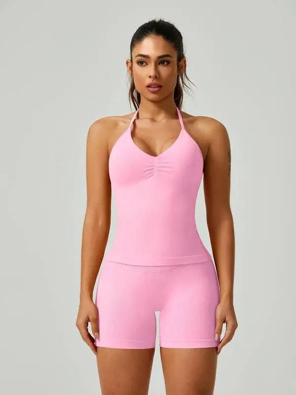 Women's Ruched Backless Halter Top & High Waist Shorts Tracksuit Set