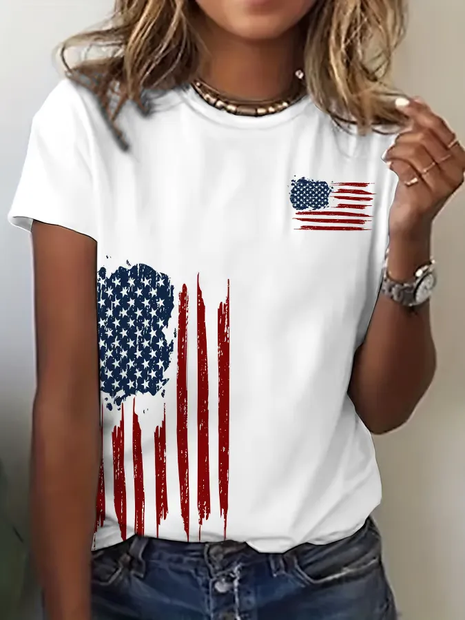 Women's Independence Day Flag Round Neck Short Sleeves Pure Cotton T-Shirt