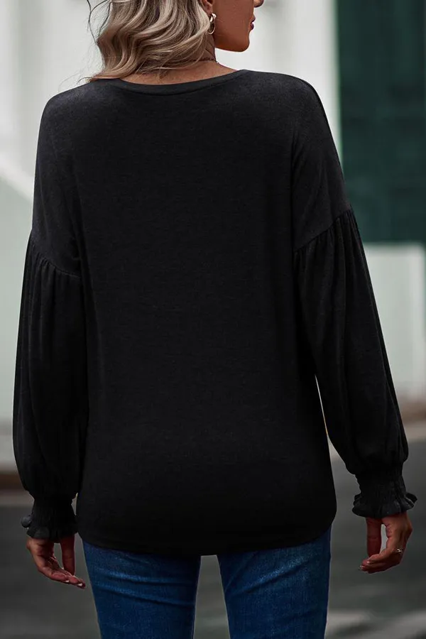 Smocked Bell Cuffs Long Balloon Sleeve Pullover