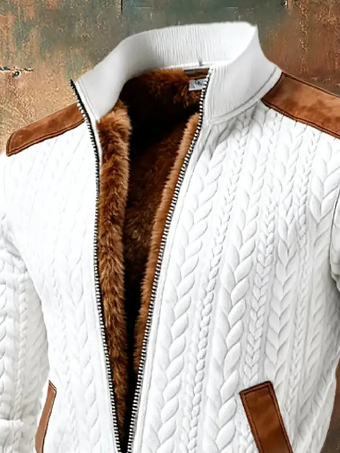Men's Retro Texture Knitted Jacquard Warm Multi-Pocket Outdoor Jacket