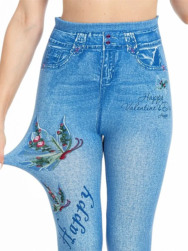 Women's Slim Pants Trousers Leggings Faux Denim Butterfly Pocket Print Full Length High Elasticity High Waist Fashion Streetwear Street Causal Lake Blue Royal Blue S M Summer Fall