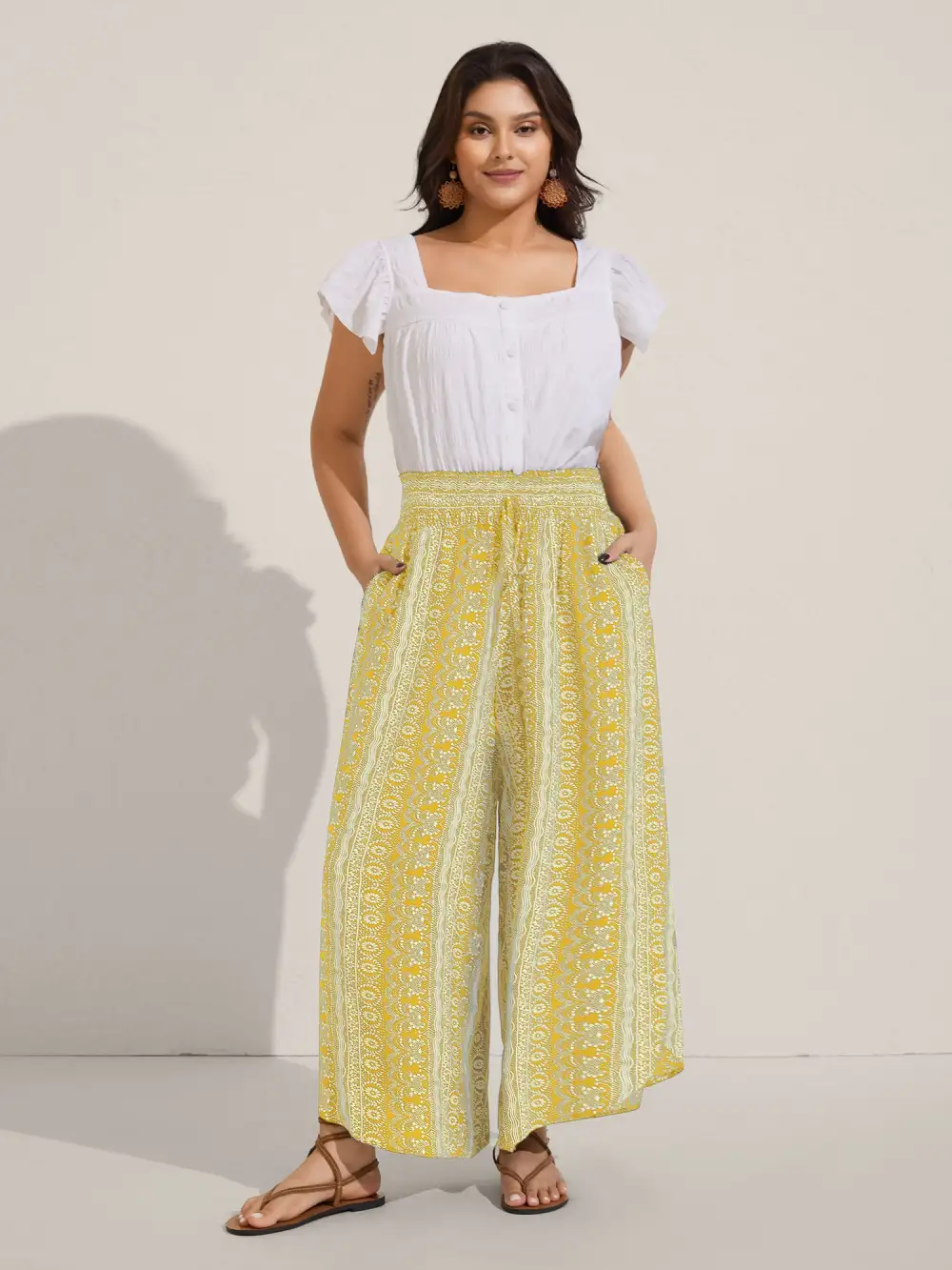 Boho Print Shirred Waist Wide-Leg Pants