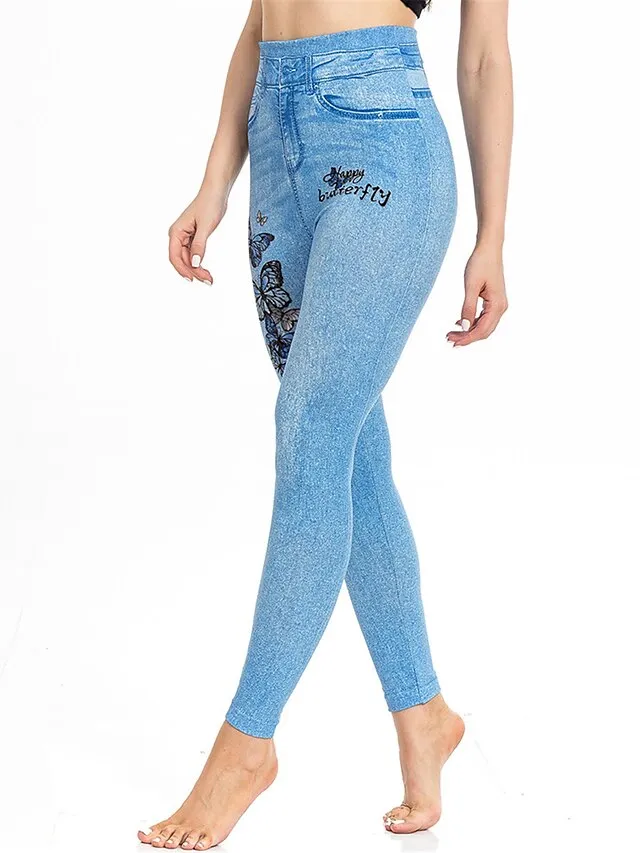 Women's Slim Pants Trousers Leggings Faux Denim Butterfly Pocket Print Full Length High Elasticity High Waist Fashion Streetwear Street Causal Lake Blue Royal Blue S M Summer Fall