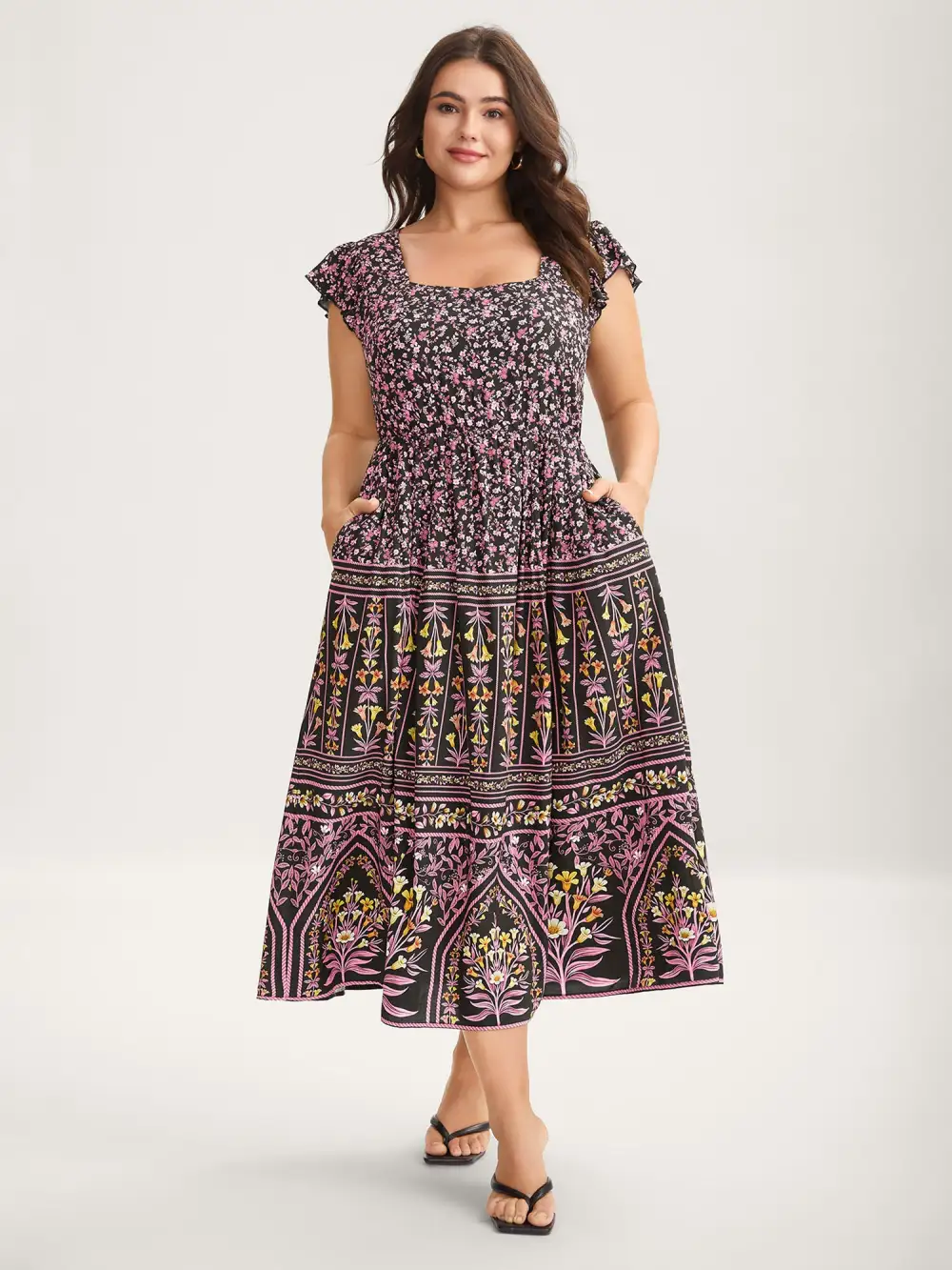 Rayon Garden Fresh Ruffled Sleeve Midi Dress