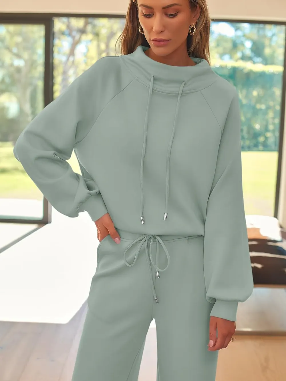 Lounge Sets for Women Sweatsuits 2 Piece Outfits 2024 Fall Drawstring Sweatshirt Wide Leg Sweatpants Tracksuit