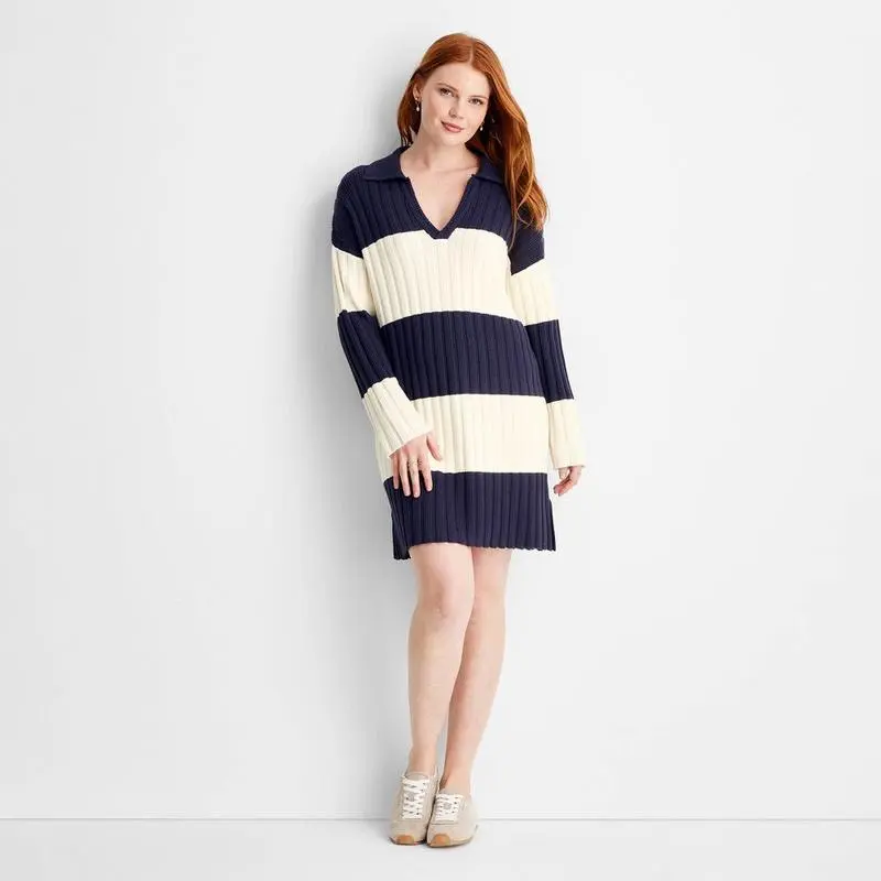 Women's Long Sleeve Rugby Mini Sweater Dress