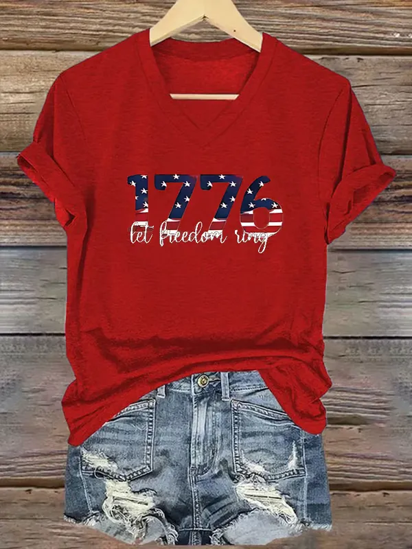 Women's America 1776 Land Of The Free Print Short Sleeve Round Neck Cotton T-Shirt