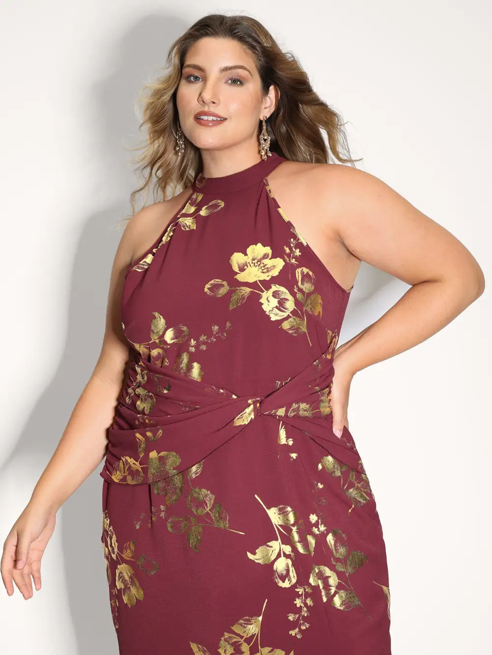 Gold Stamped Rose Twist Waist Midi Dress