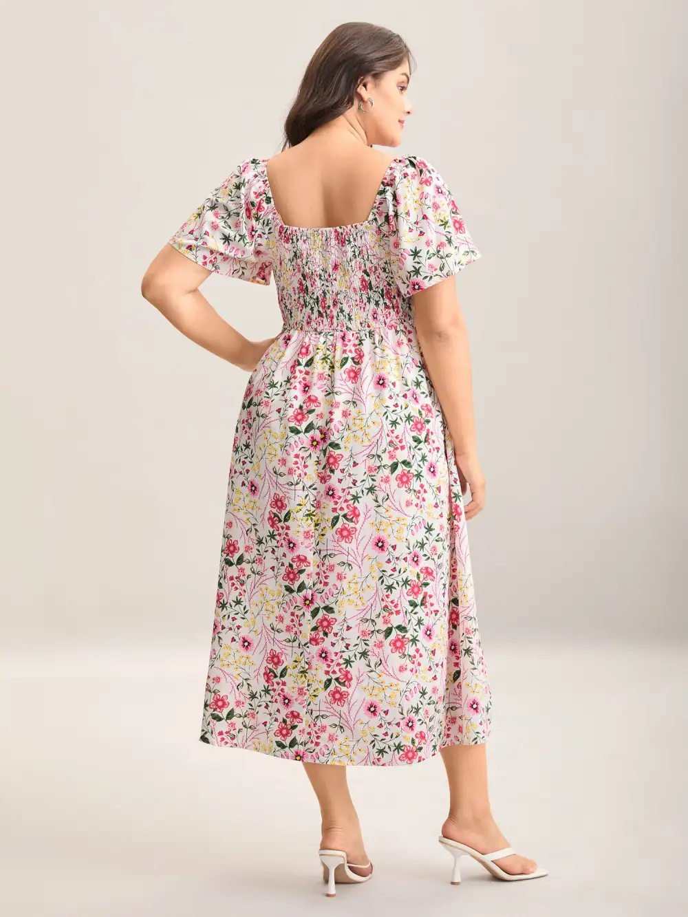 Floral Shirred Square Neck Pocket Midi Dress