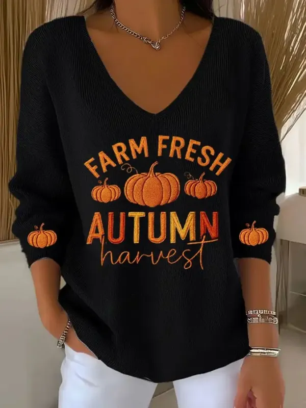 Women's Casual Pumpkin Floral Long Sleeve T-Shirt