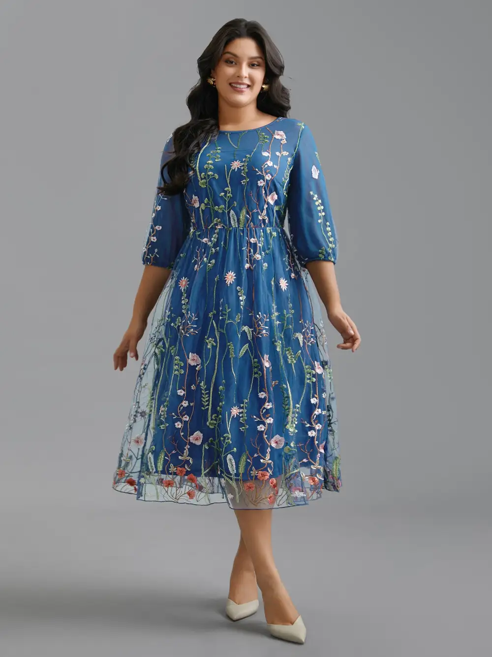 Floral Embroidered Elastic Waist Lined Midi Dress
