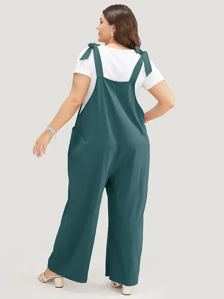 Solid Pleated Detail Pocket Knotted Shoulder Overall Jumpsuit