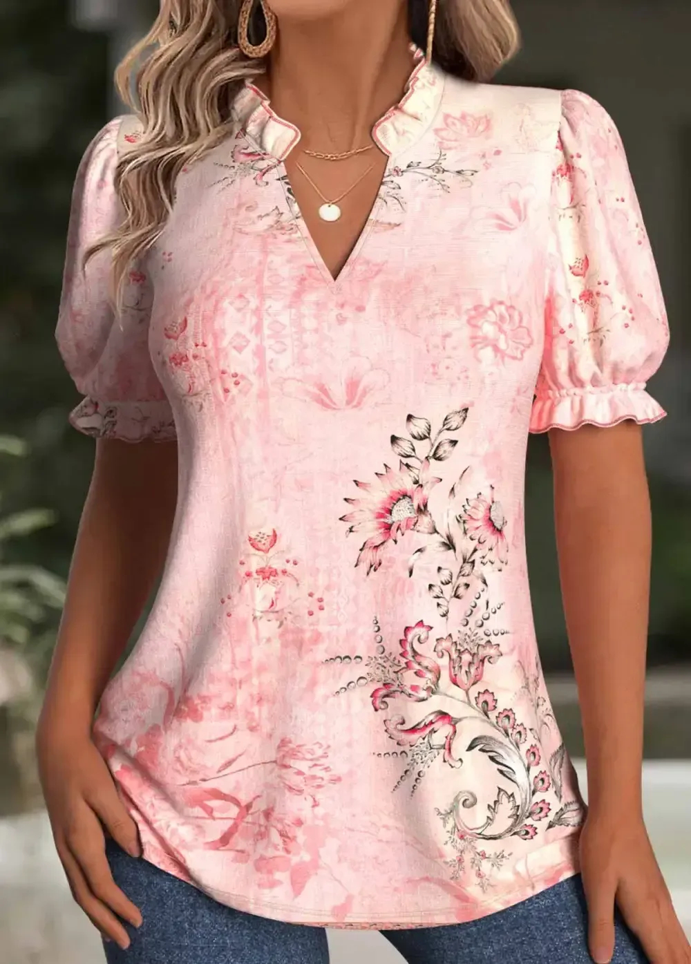 Light Pink Floral Print Short Sleeve Split Neck Blouse