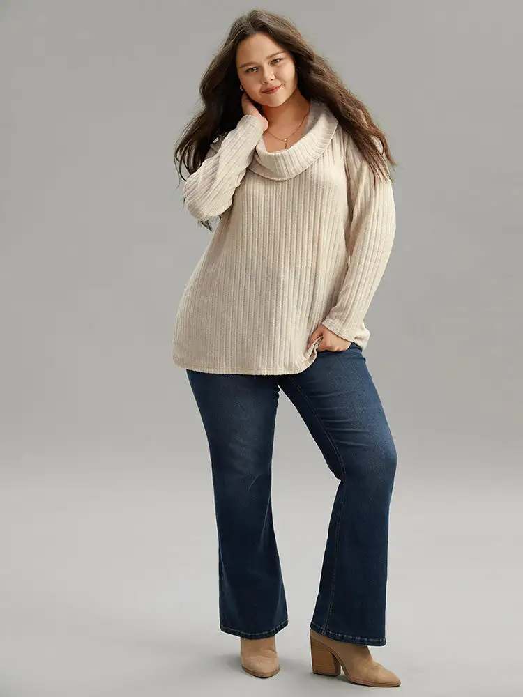 Plain Rib Knit Cowl Neck T-Shirt