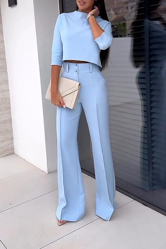 Women's solid color casual top and wide leg pants two-piece set
