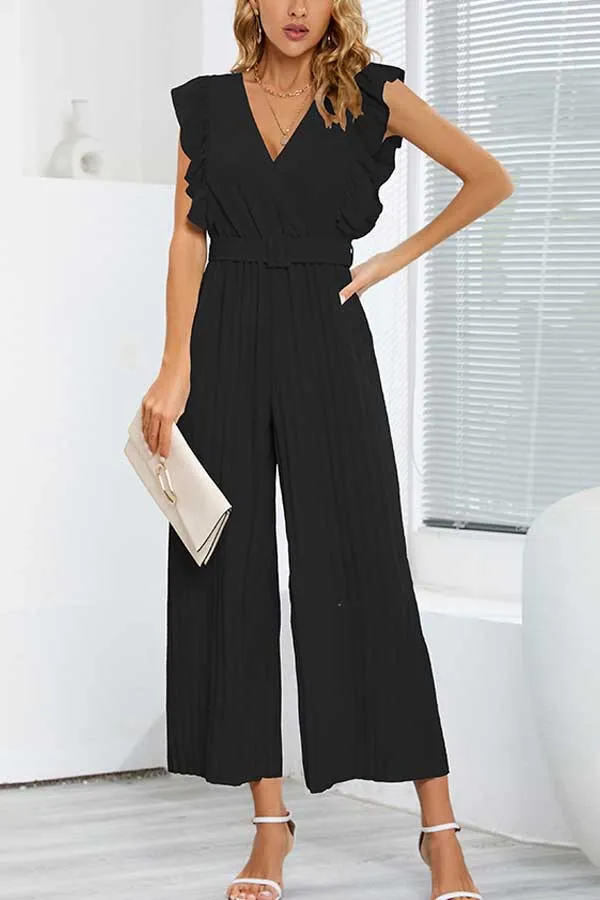 Solid Ruffle V-Neck Pleated Jumpsuit