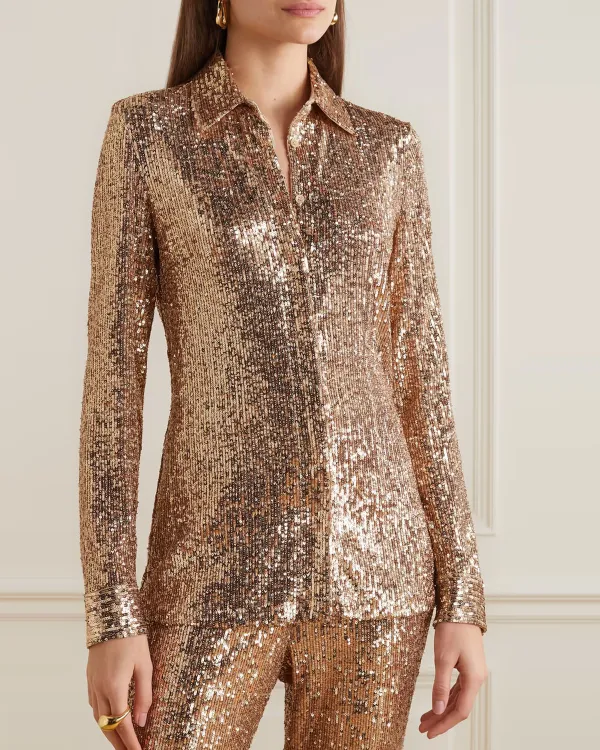 Sequined stretch-jersey shirt and pant two-piece suit