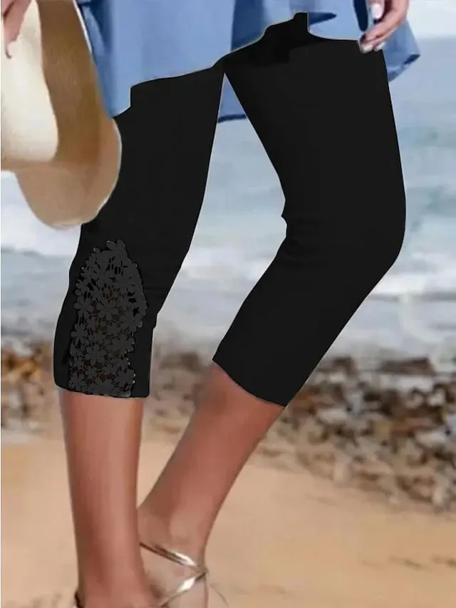 Women's Capri shorts Black White Fashion Casual Daily Lace Calf-Length Tummy Control Plain S M L XL 2XL