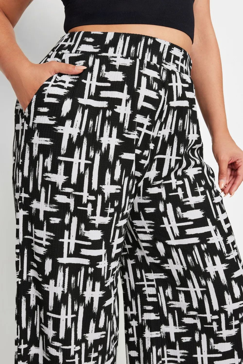 YOURS Curve Blue Abstract Print Textured Wide Leg Trousers