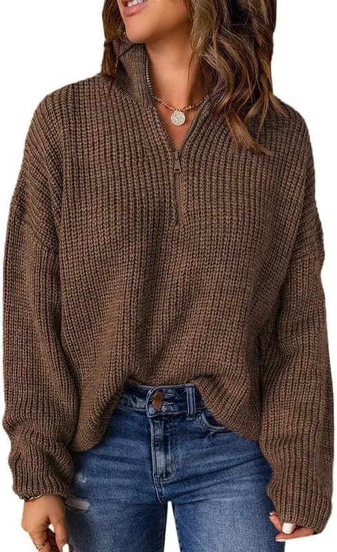 Womens Sweaters Long Sleeve 1/4 Zip Pullover Polo V Neck Dressy Casual Tops