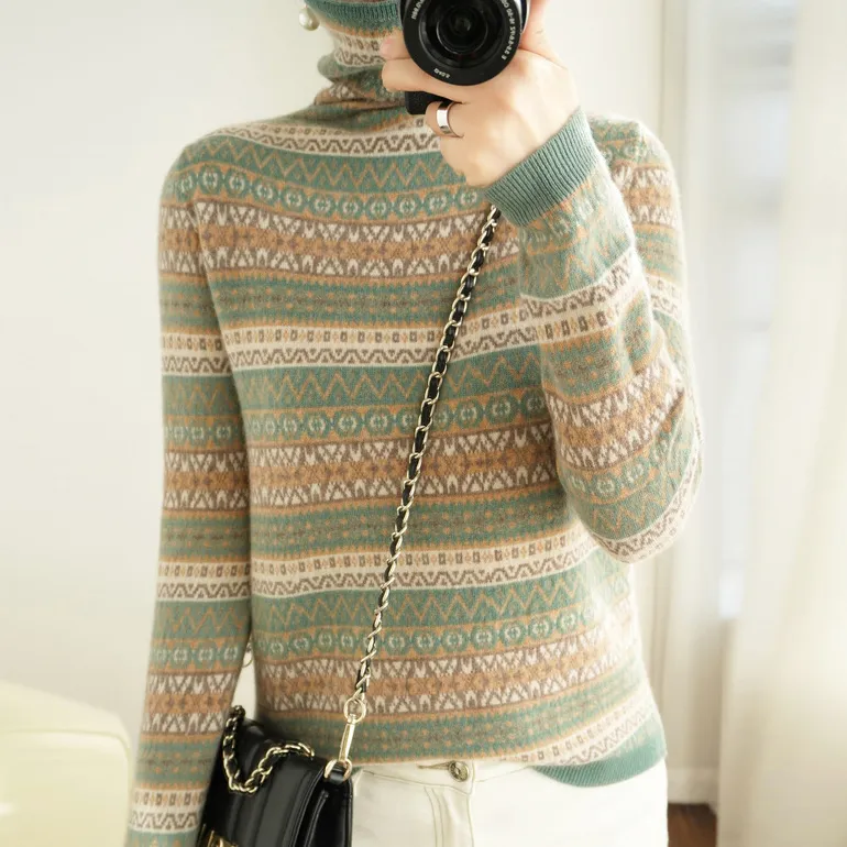 Vintage Ethnic Jacquard Long Sleeve Pile Neck Sweater