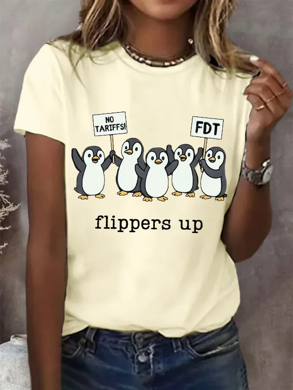 Women'S T-Shirt Women'S Penguins Flippers Up Print Round Neck T-Shirt Pure Cotton Round Collar