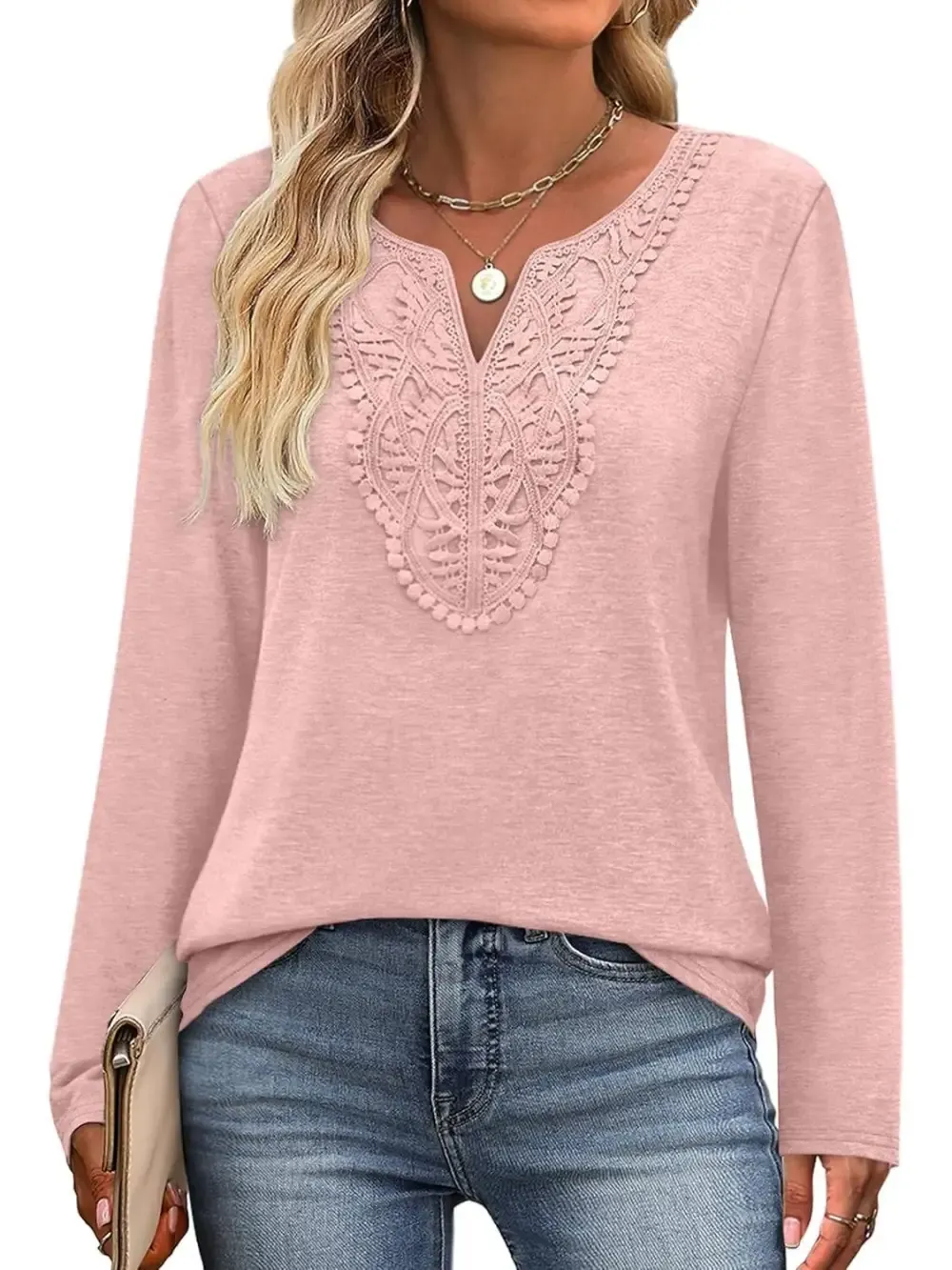✨Women Dressy Casual Lace V Neck Long Sleeve Shirts Blouses