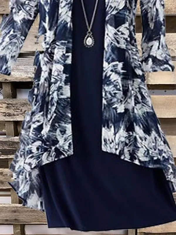 Women's Two Piece Dress Set Dress Set Two Piece Dress Date Weekend Fashion Modern Layered Print Midi Dress Crew Neck 3/4 Length Sleeve Graphic Loose Fit Blue Summer Spring S M L XL XXL
