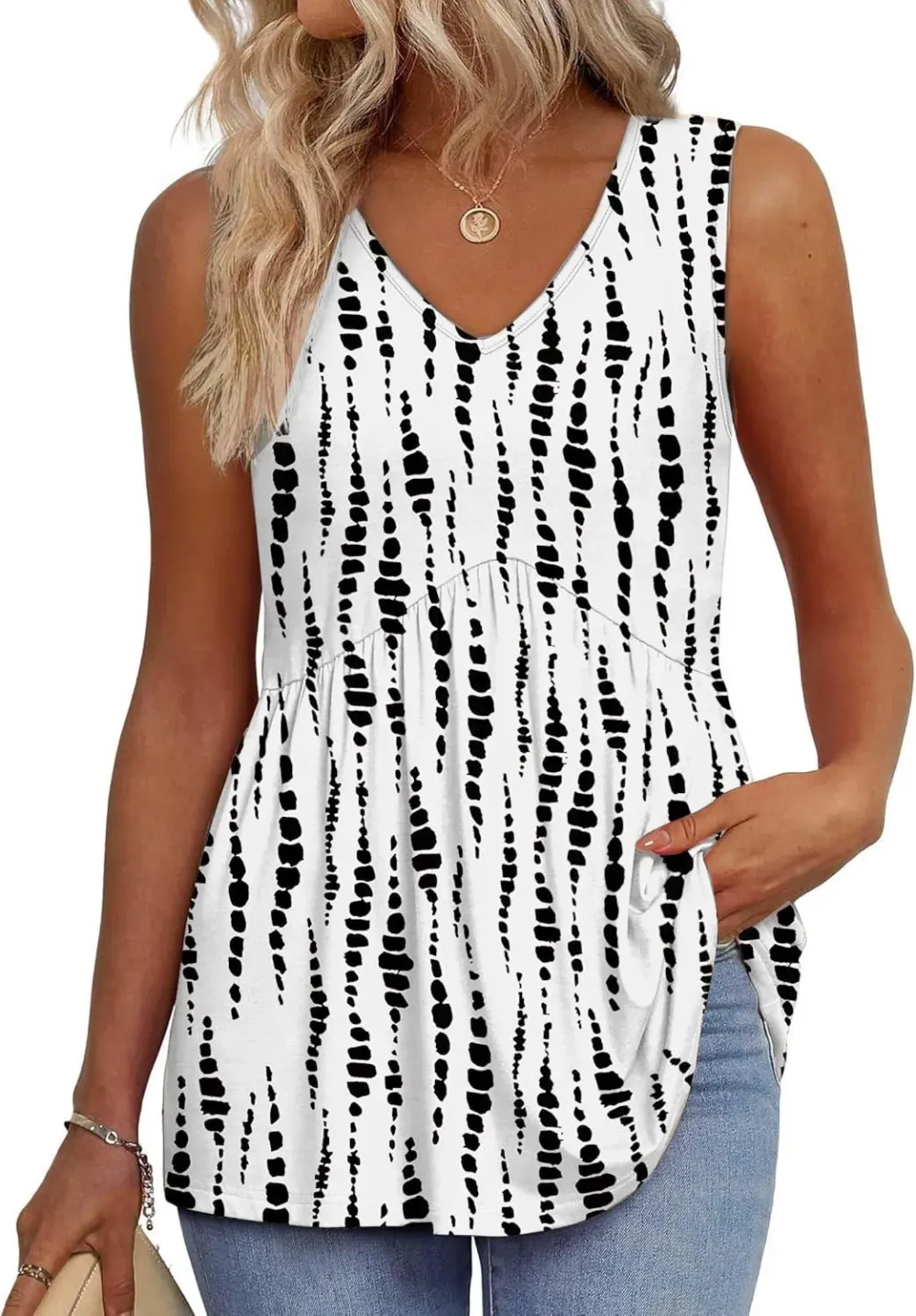 📣Women's Print Flowy Sleeveless V Neck Peplum Tank Tops