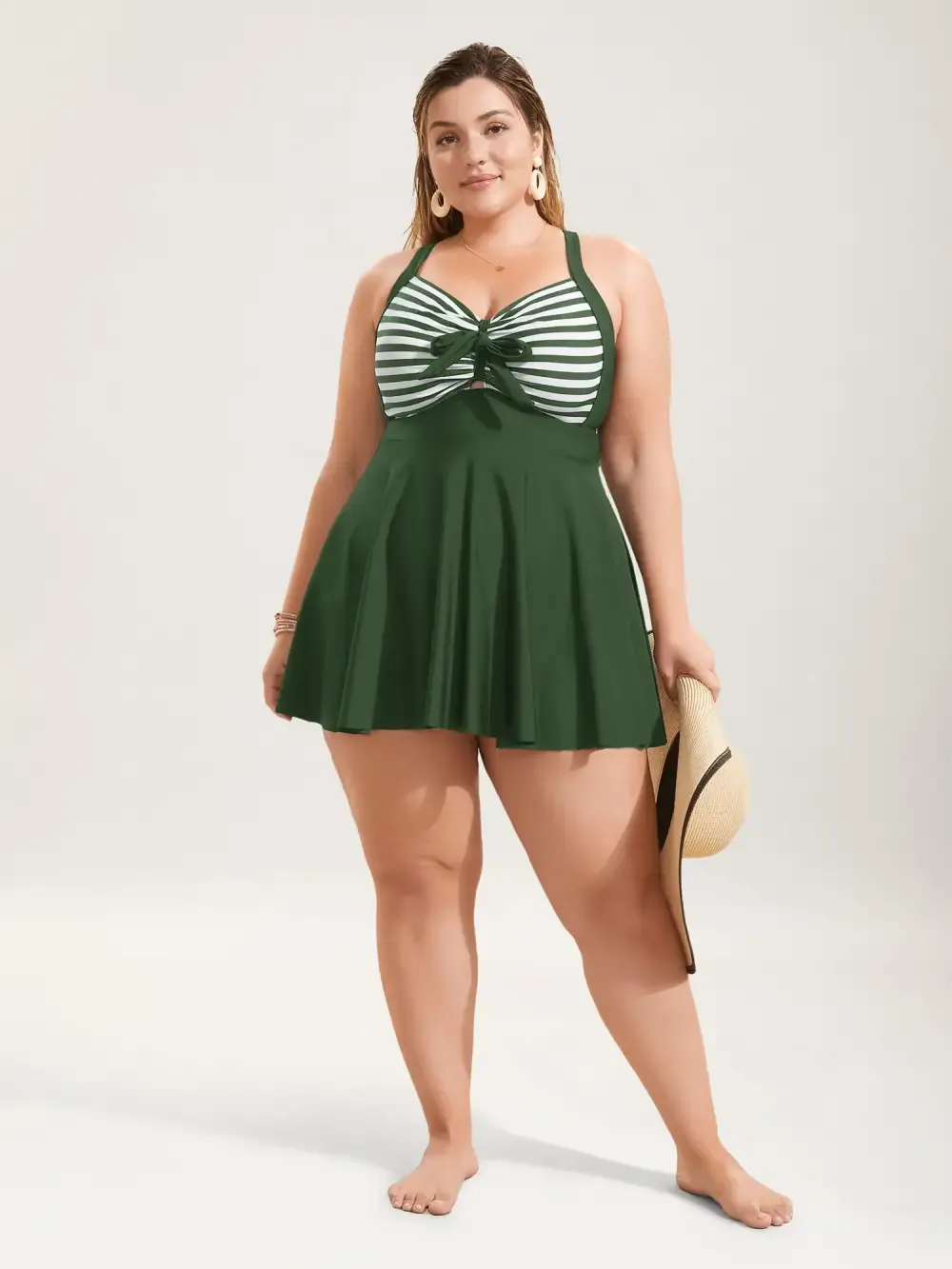 Stripes Patchwork Tie Knot Cross Straps Swim Dress