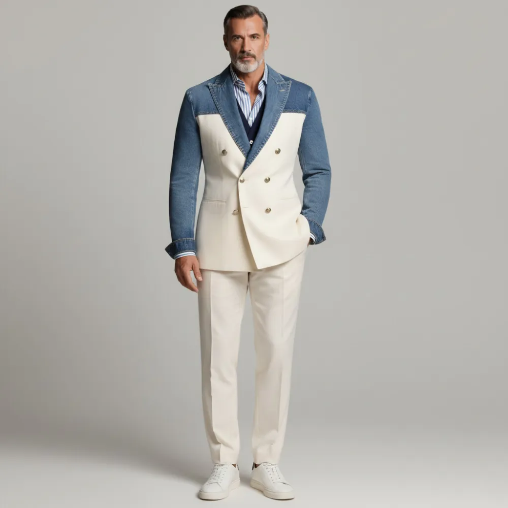 Men's Blue And White Denim Patchwork Peak Lapel Double Breasted Long Sleeve Blazer