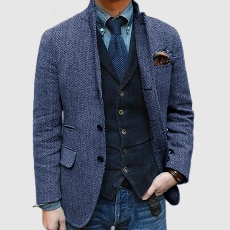 Men's Elegant Lapel Herringbone Wool Blazer ( NEW )