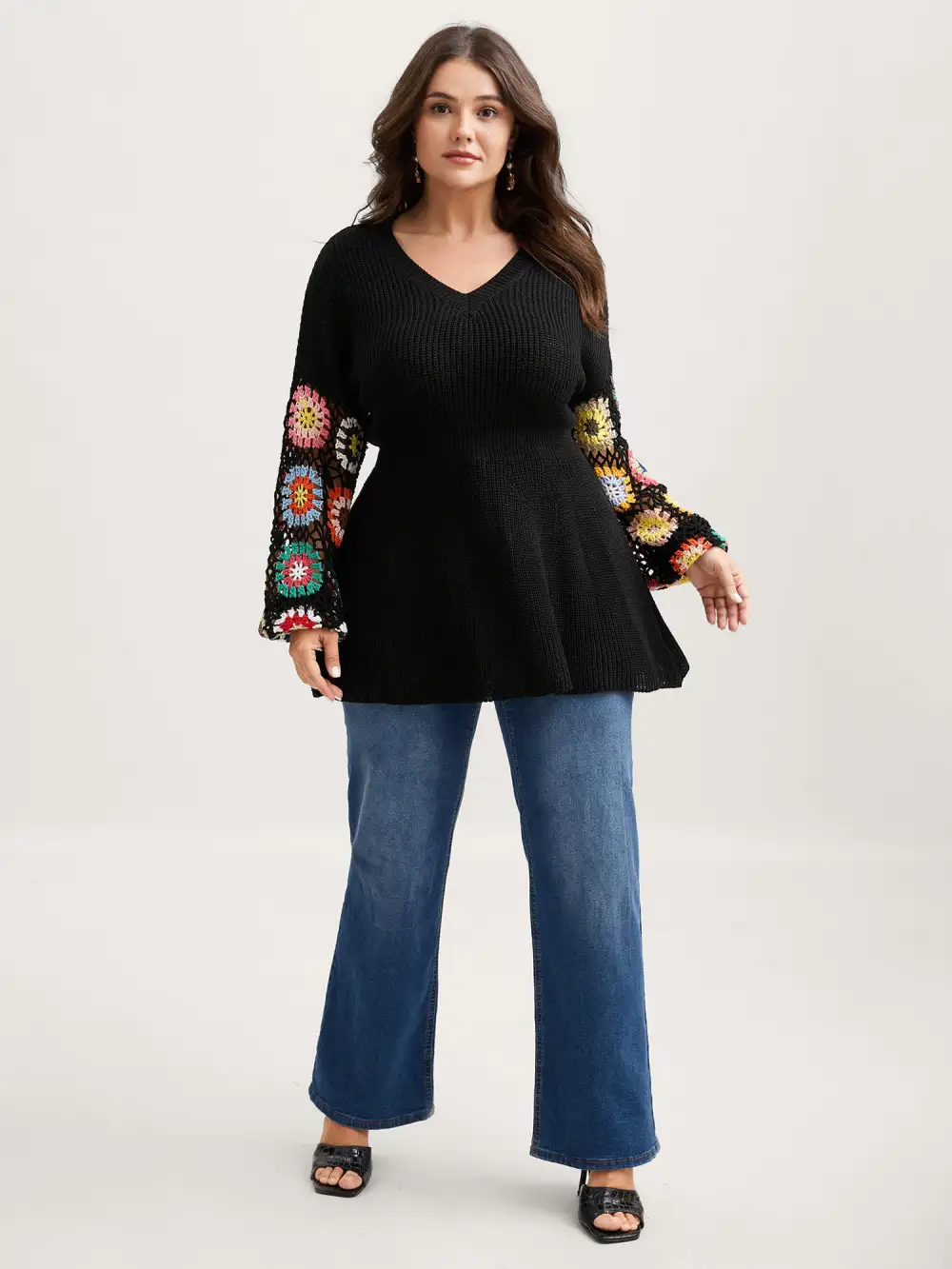 Crochet Floral Waist-Cinched Knit Cardigan