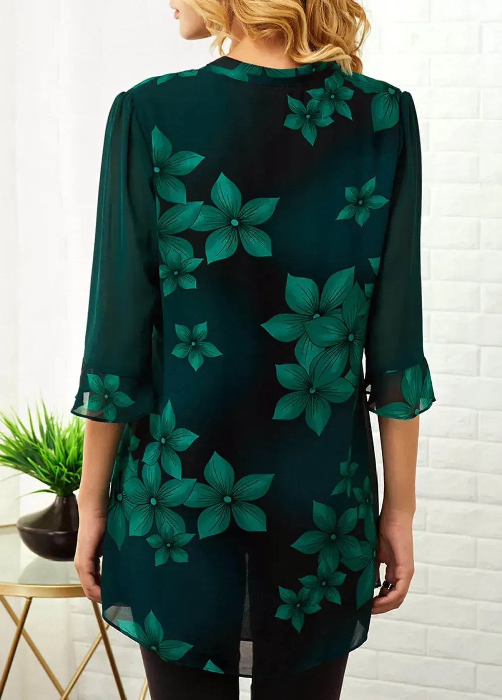 Split Neck Large Floral Print Button Detail Blouse