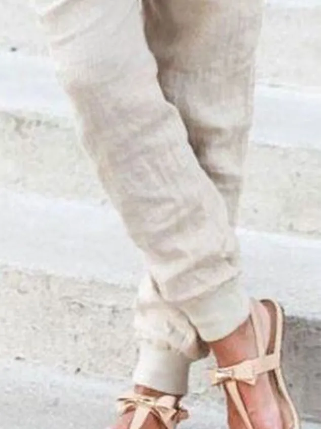 Solid Drawstring Casual Cotton Linen Pant