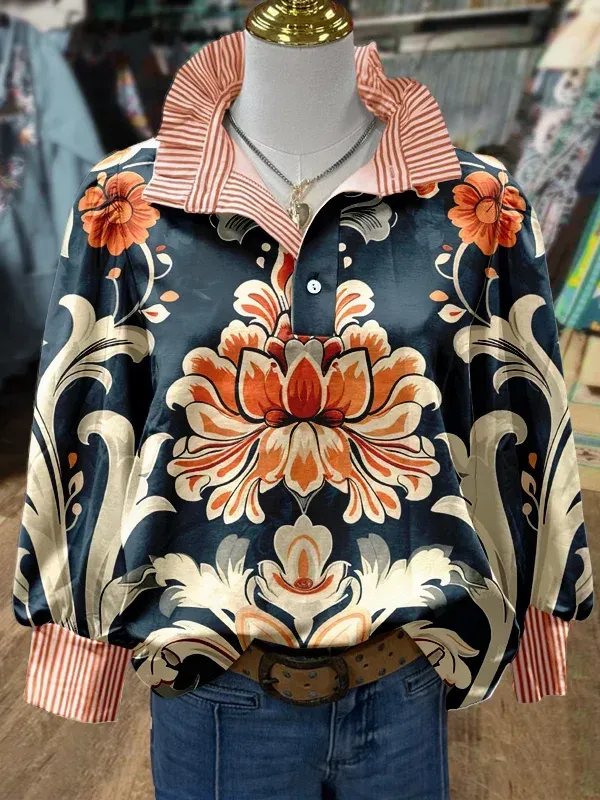 ✨Vintage Floral Print Striped Collar Top