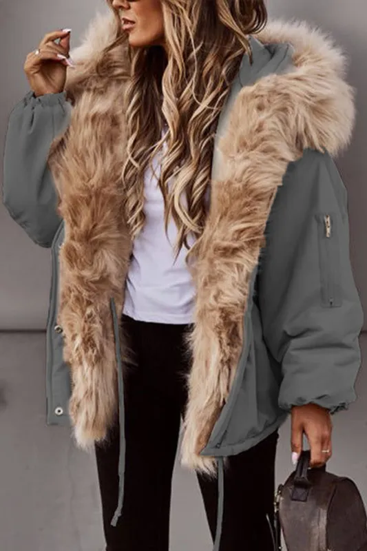 New Women’s Short Puffy Canvas Jacket with Faux Fur Trimmed Hood