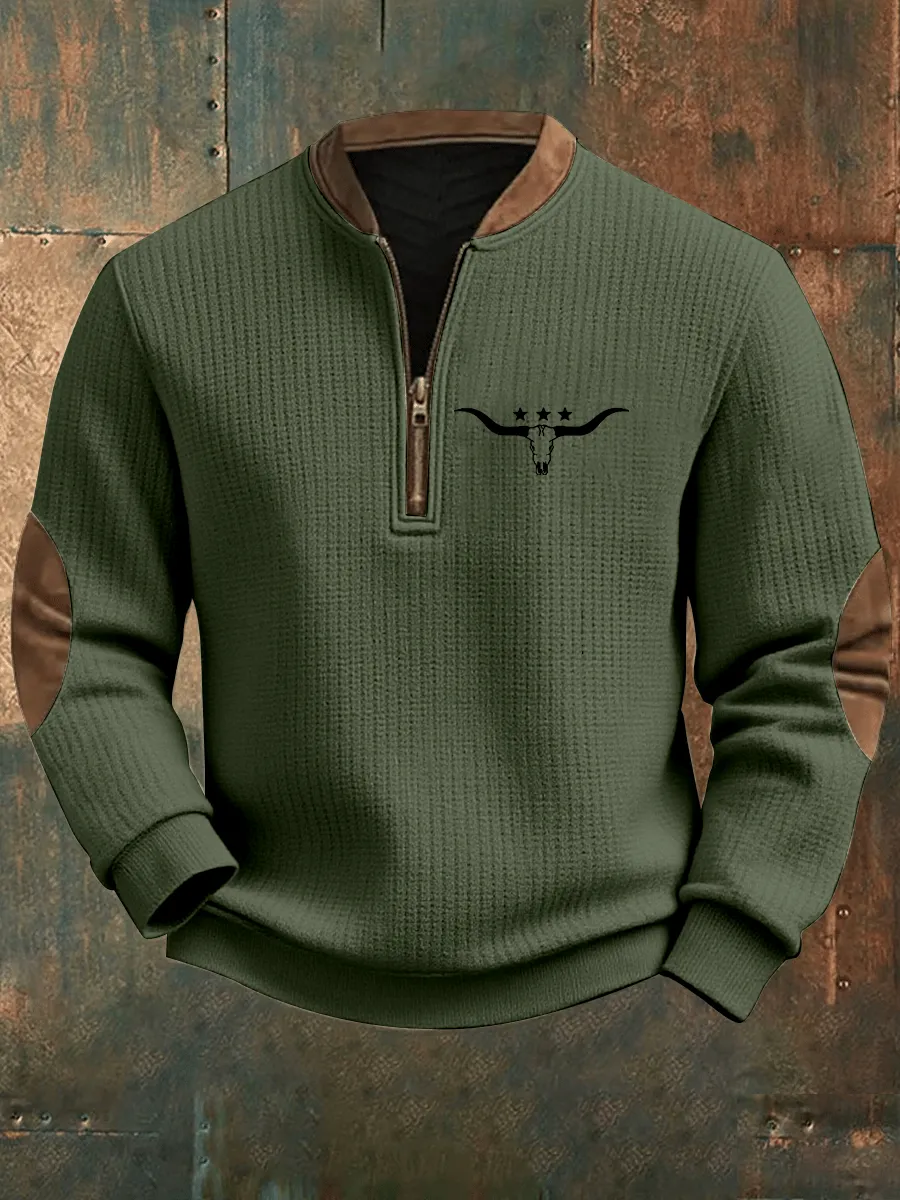 Men's Western Cow Print Zipper Neck Knit Sweatshirt