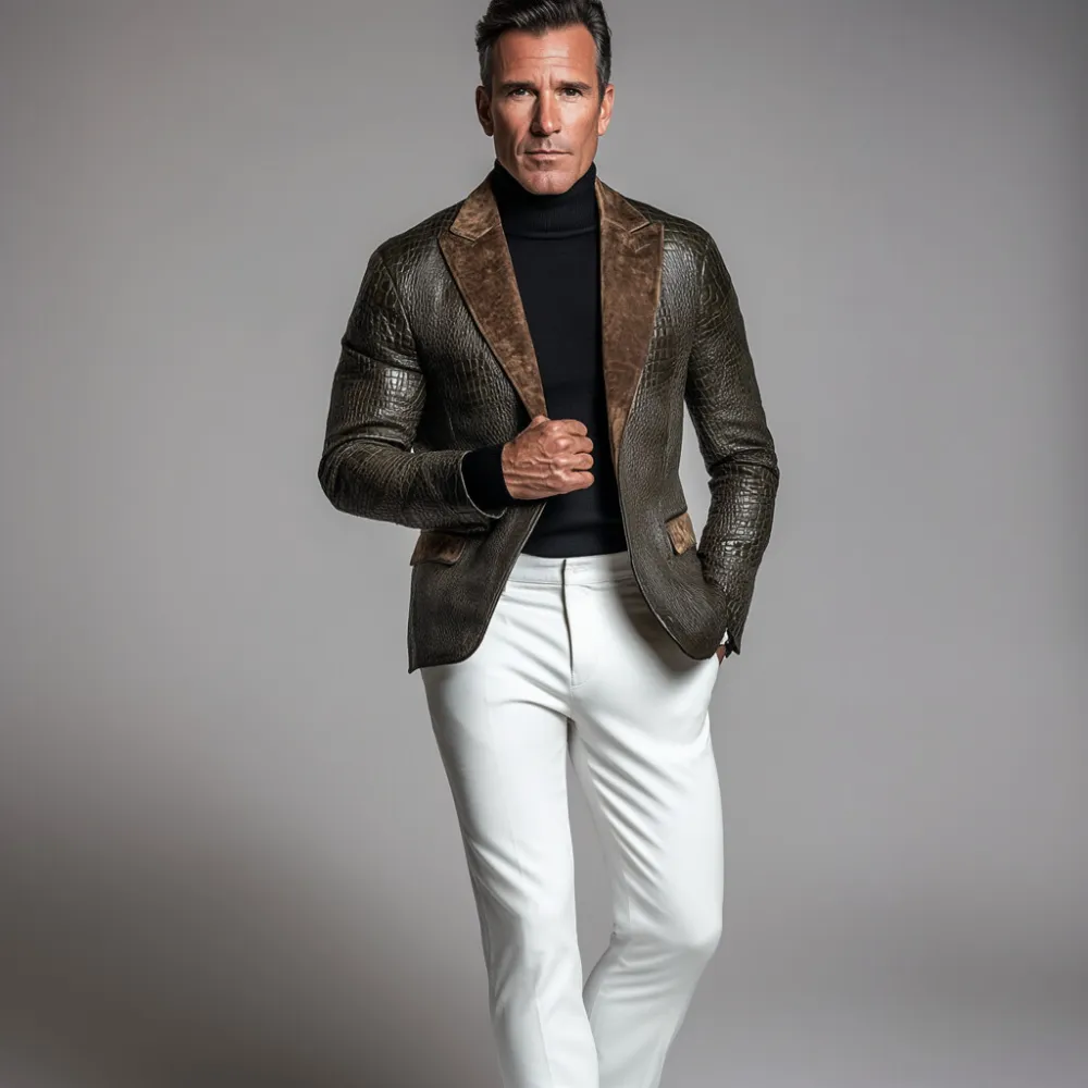 Men's Retro Peak Lapel Patchwork Alligator Pattern PU Leather Blazer