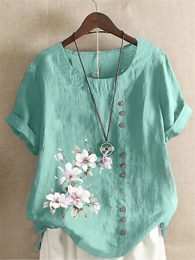 Women's Linen Shirt T shirt Tee Cotton Linen Navy Blue Blue Army Green Floral Button Print Short Sleeve Daily Vacation Going out Streetwear Crewneck Regular Fit Summer Spring