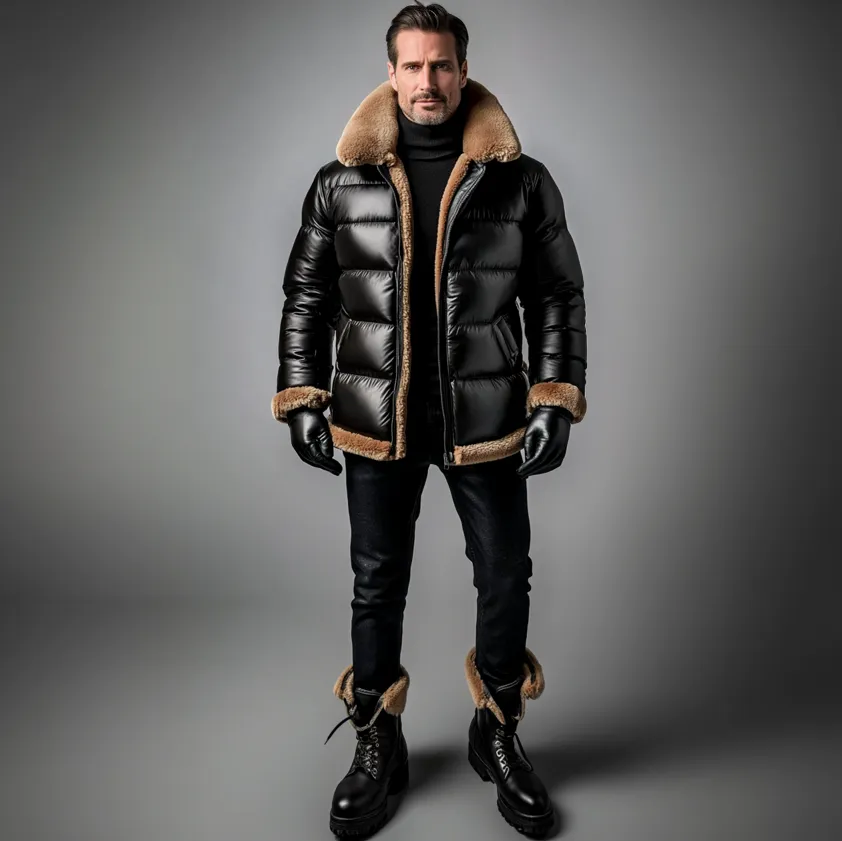 Men's Plush Patchwork Lapel Zipper PU Leather Quilted Coat