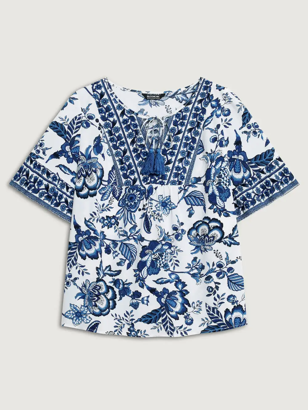 Floral Print Neck Tassels Blouse