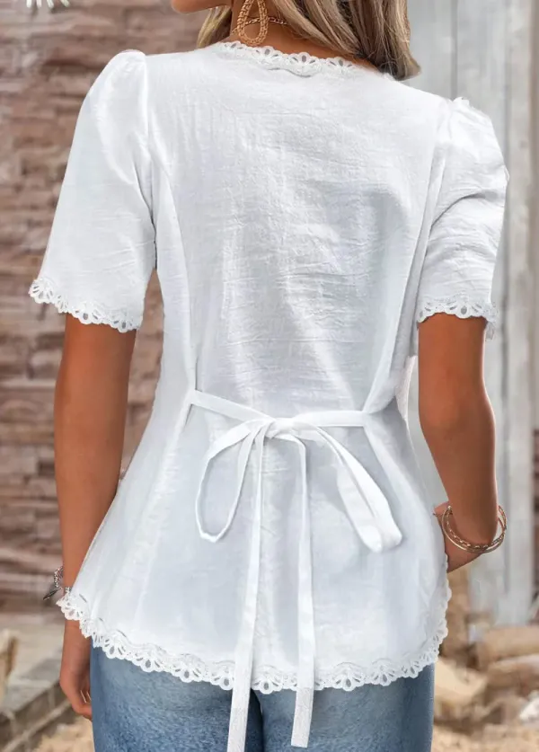 White Short Sleeve Square Neck Blouse