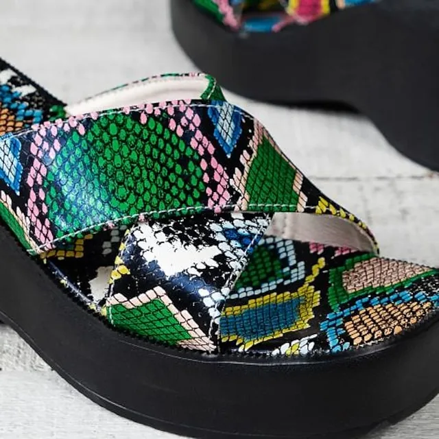 Women's Sandals Slippers Wedge Sandals Platform Sandals Plus Size Daily Beach Summer Platform Wedge Heel Open Toe Vintage Casual Faux Leather Loafer Color Block Black / White Snake pattern Black