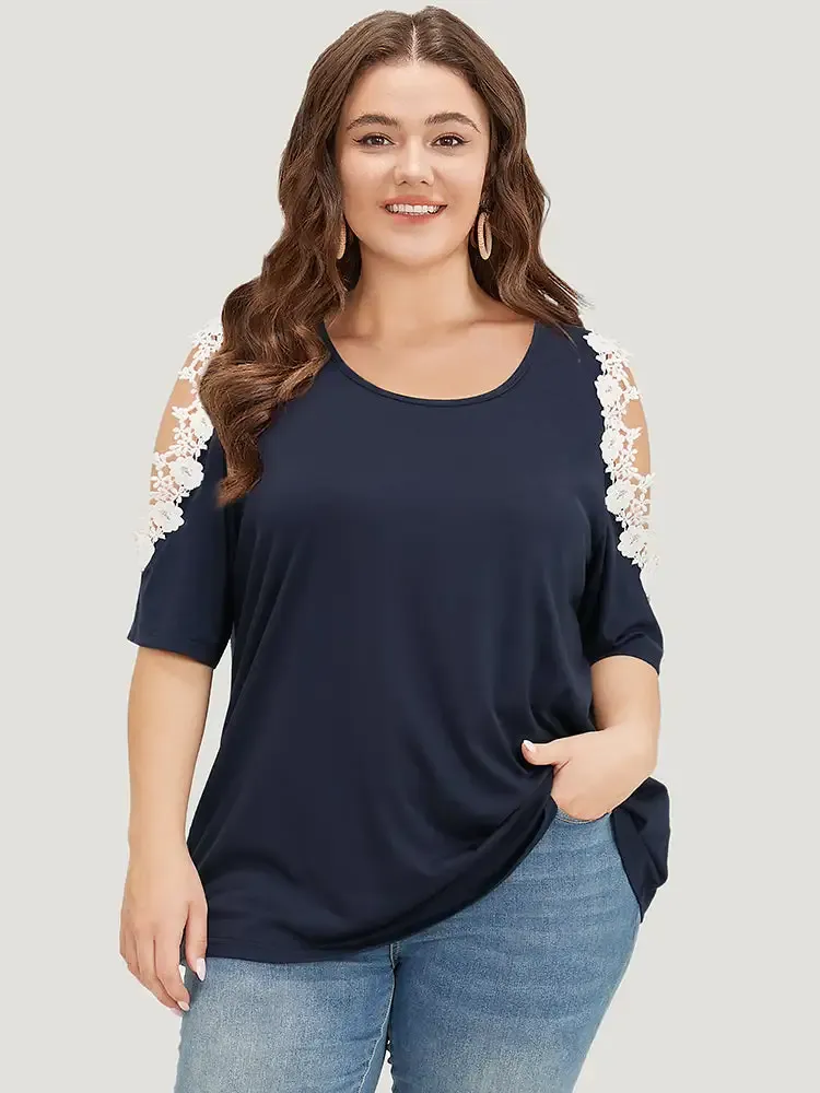 Solid Guipure Lace Cold Shoulder T-shirt
