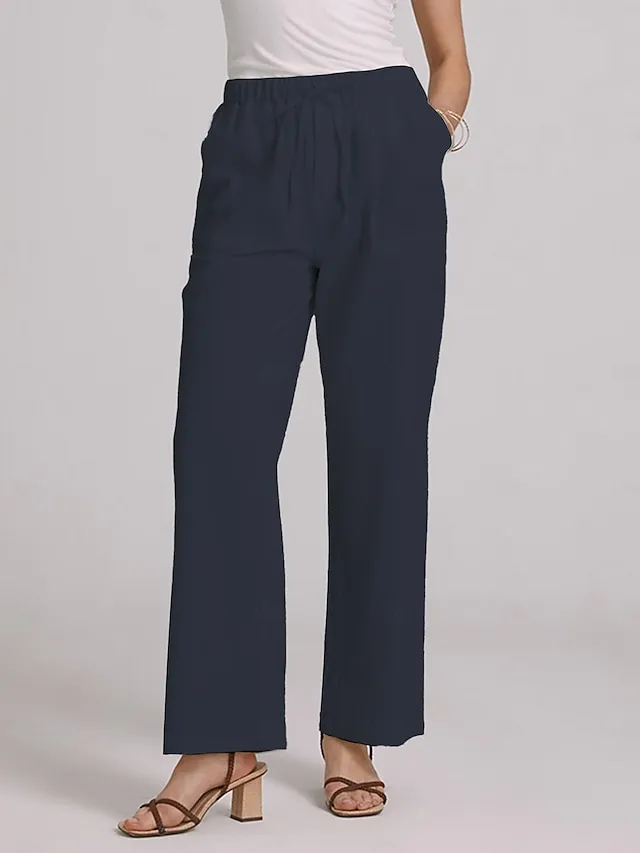 Women's Wide Leg Chinos Cotton Linen Baggy Mid Waist Black Summer