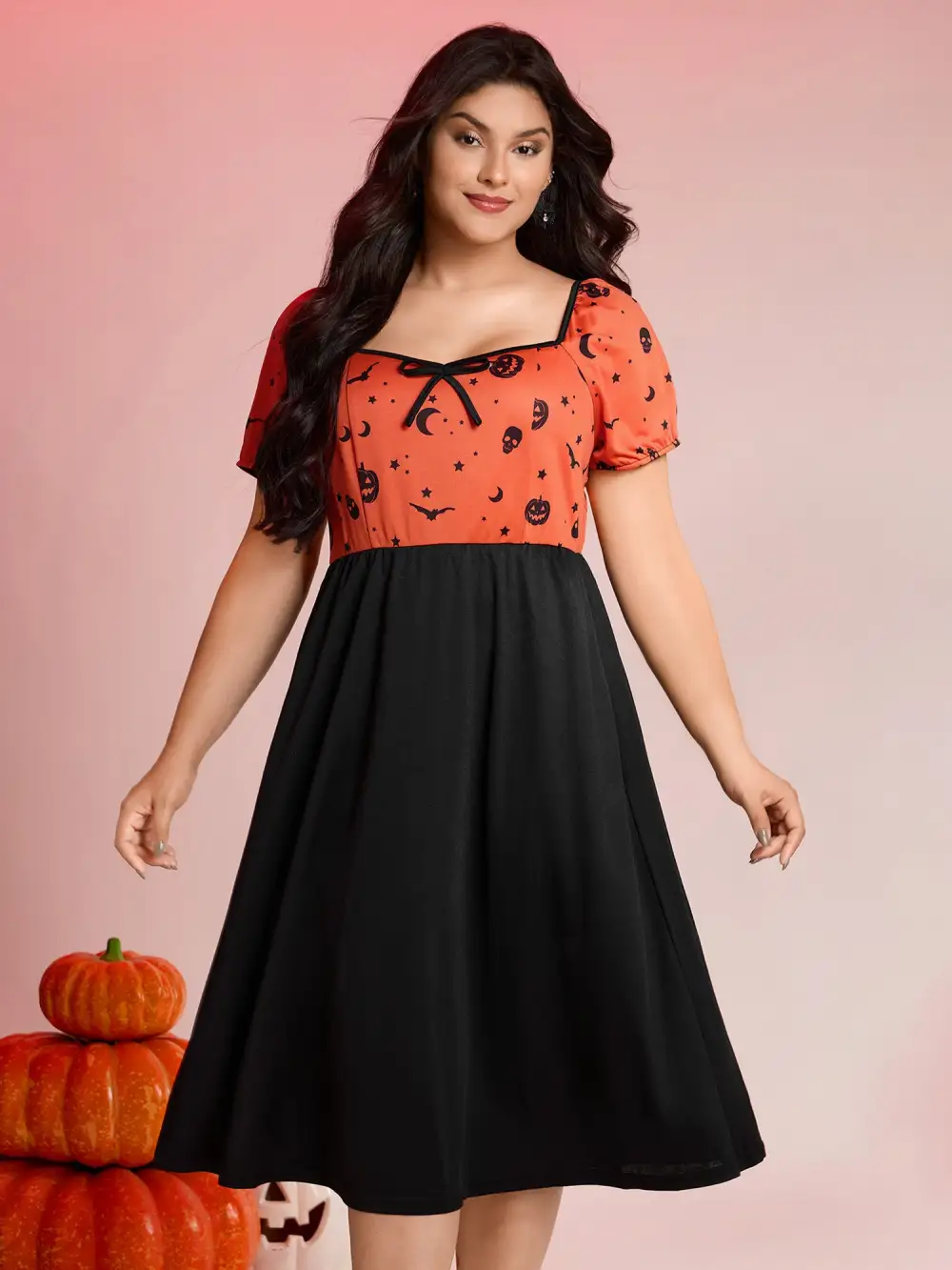 Scary Halloween Print Colorblock Midi Dress
