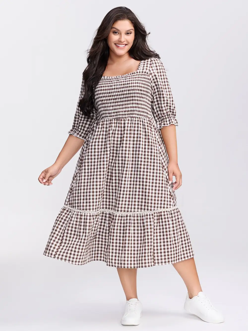 Gingham Lace Shirred Tiered Midi Dress