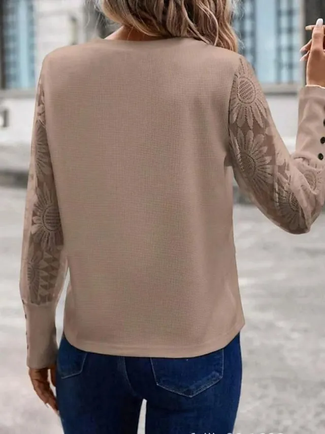 Women's Blouse Dressy Tops Lace Button Daily Elegant Long Sleeve Crew Neck Pink Summer