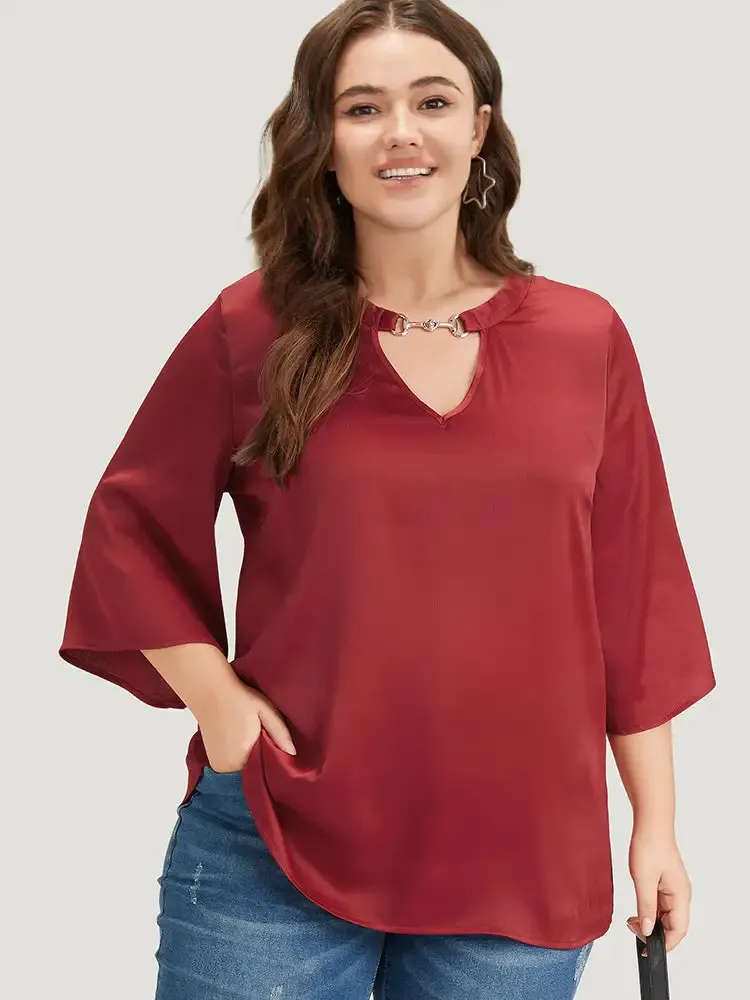 Anti-Wrinkle Plain Buckle Detail Neck Cut Out Blouse